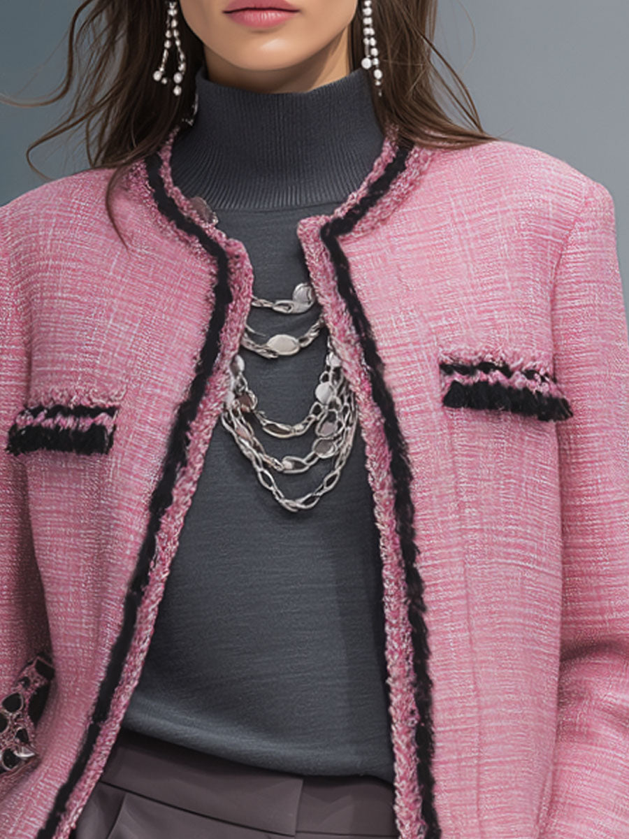 Veste Chic en Tissu Texturé avec Détails en Métal et Col Rond