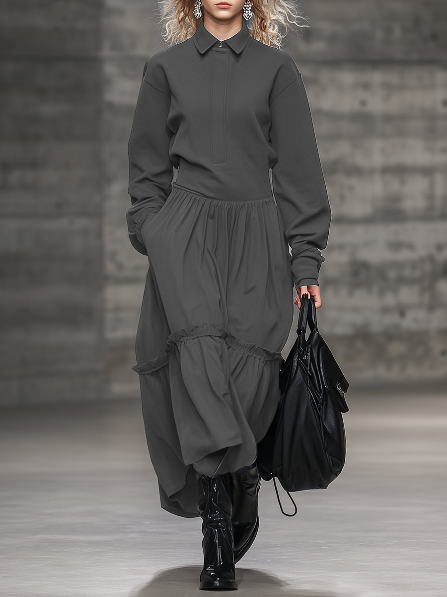 Robe Maxi Grise Sportive à Col Volant pour un Style Décontracté