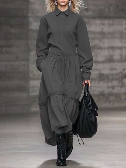 Robe Maxi Grise Sportive à Col Volant pour un Style Décontracté