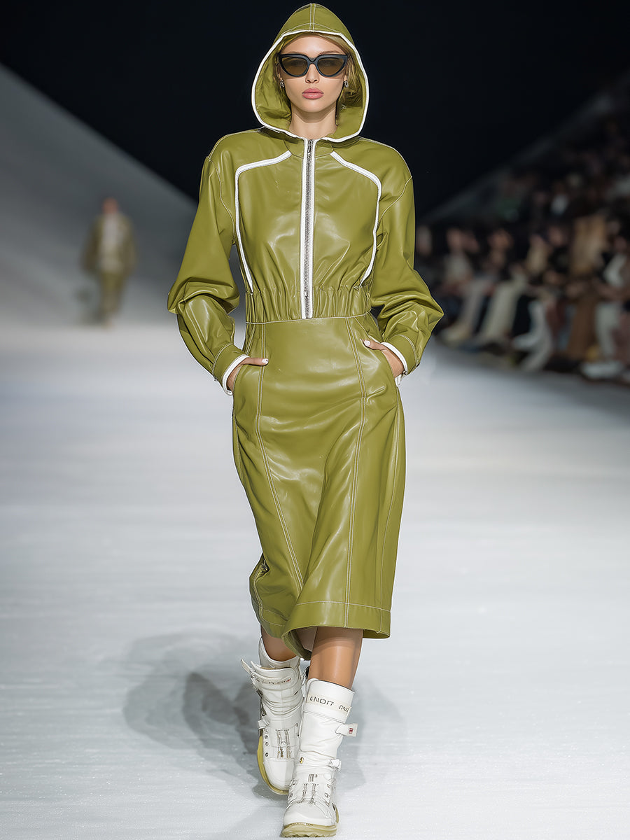 Chic Midi Hoodie Dress in Trendy Green Faux Leather
