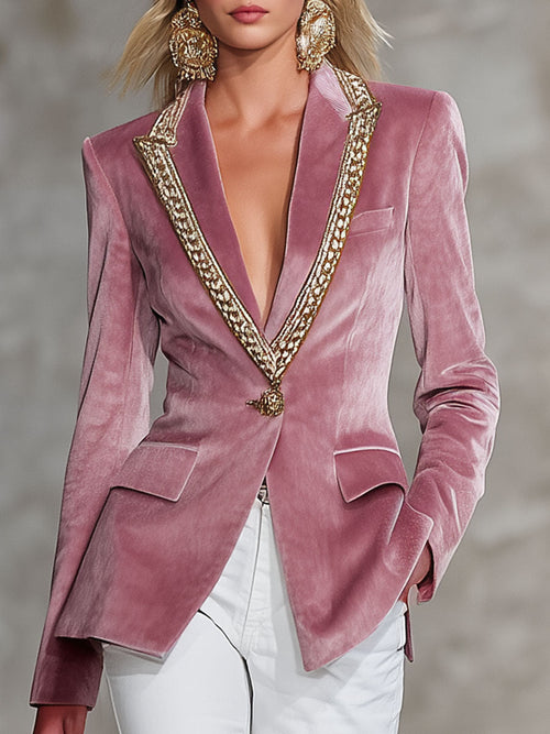 Veste en velours rose décontractée à un bouton