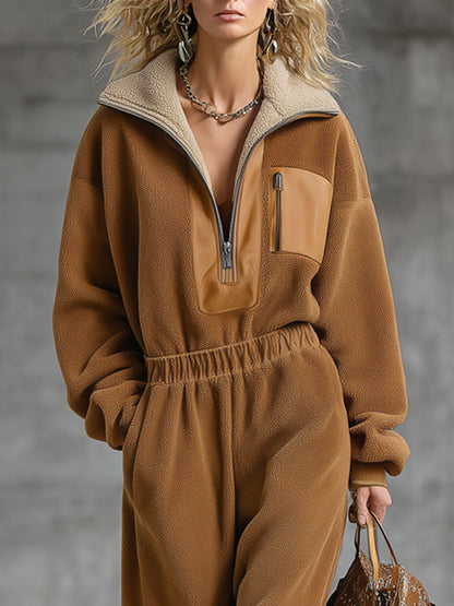 Combinaison Zippée en Polaire Double Face Camel - Style Rétro et Confort Décontracté