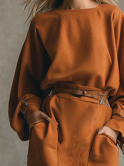 Robe Maxi Évasée en Laine Orange avec Col Rond et Poches Pratiques