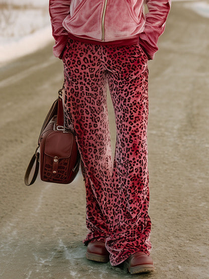 Ensemble Décontracté : Sweatshirt en Velours Rose Dégradé et Pantalon Imprimé Léopard
