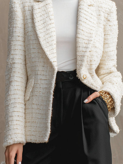 Tweed Blazer avec Revers, Bouton Unique et Double Poche