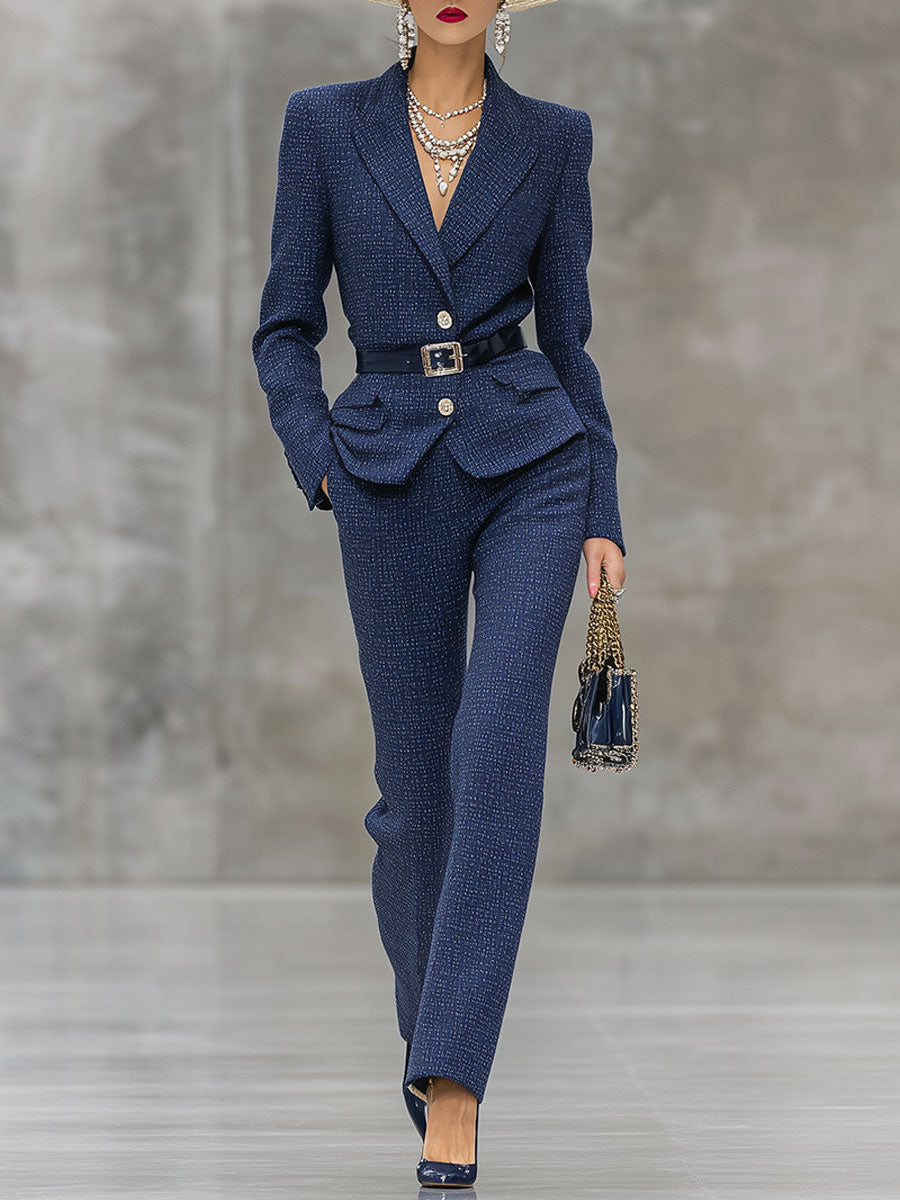 Ensemble Chic en Tweed Bleu Vintage : Veste et Pantalon Élégants