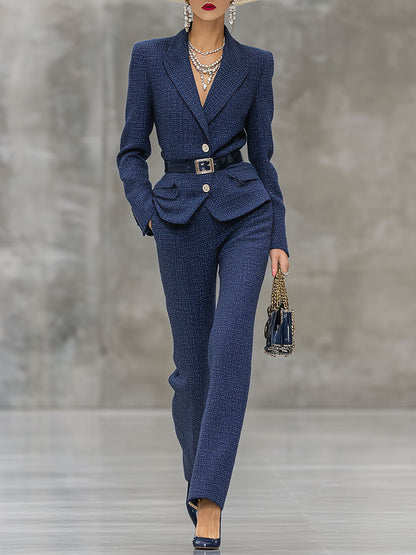 Ensemble Chic en Tweed Bleu Vintage : Veste et Pantalon Élégants