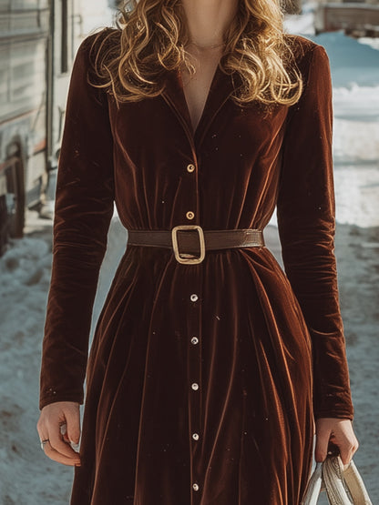 Robe Maxi Velours Brun Western avec Col Revers et Détails Boutonnés