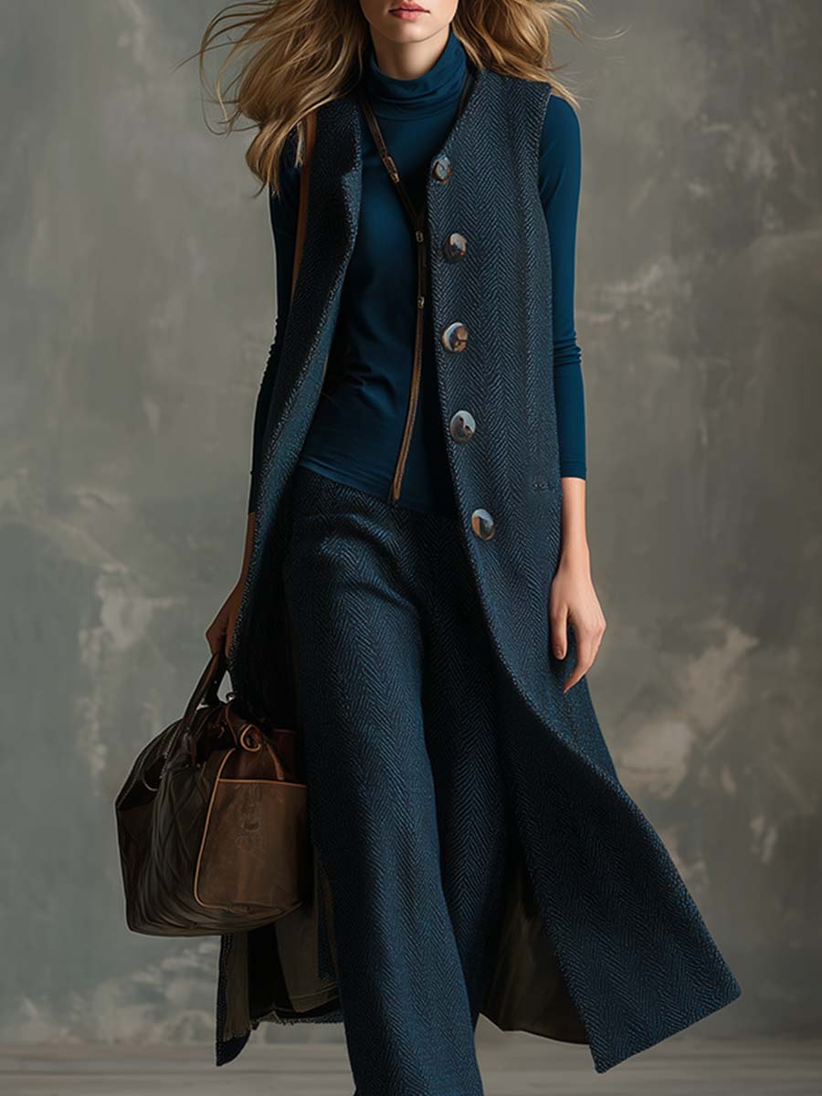 Élégant Gilet Long en Herringbone Bleu Vintage