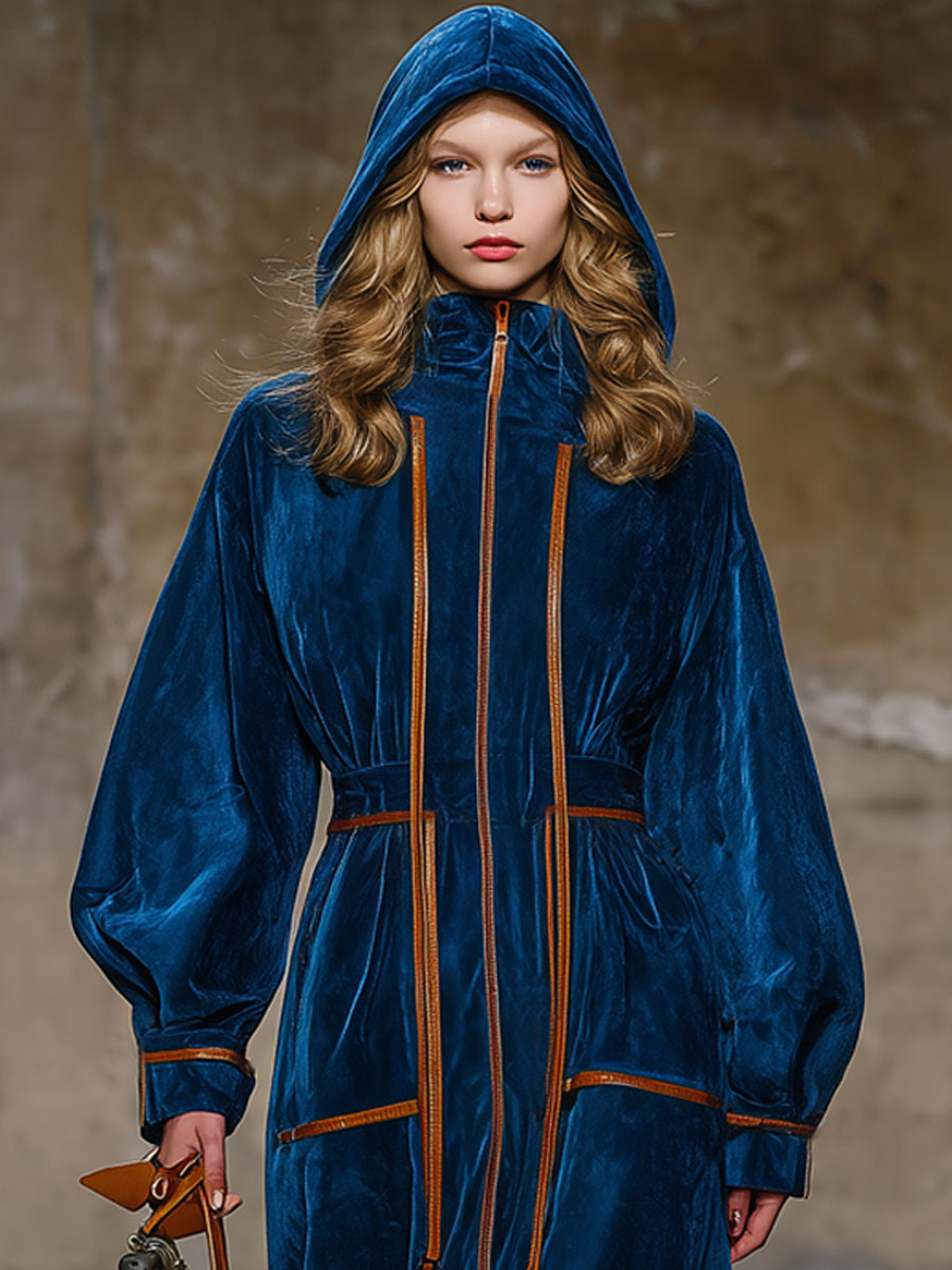 Robe Midi en Velours Bleu Nuit avec Cape à Manches Longues et Finitions Marron