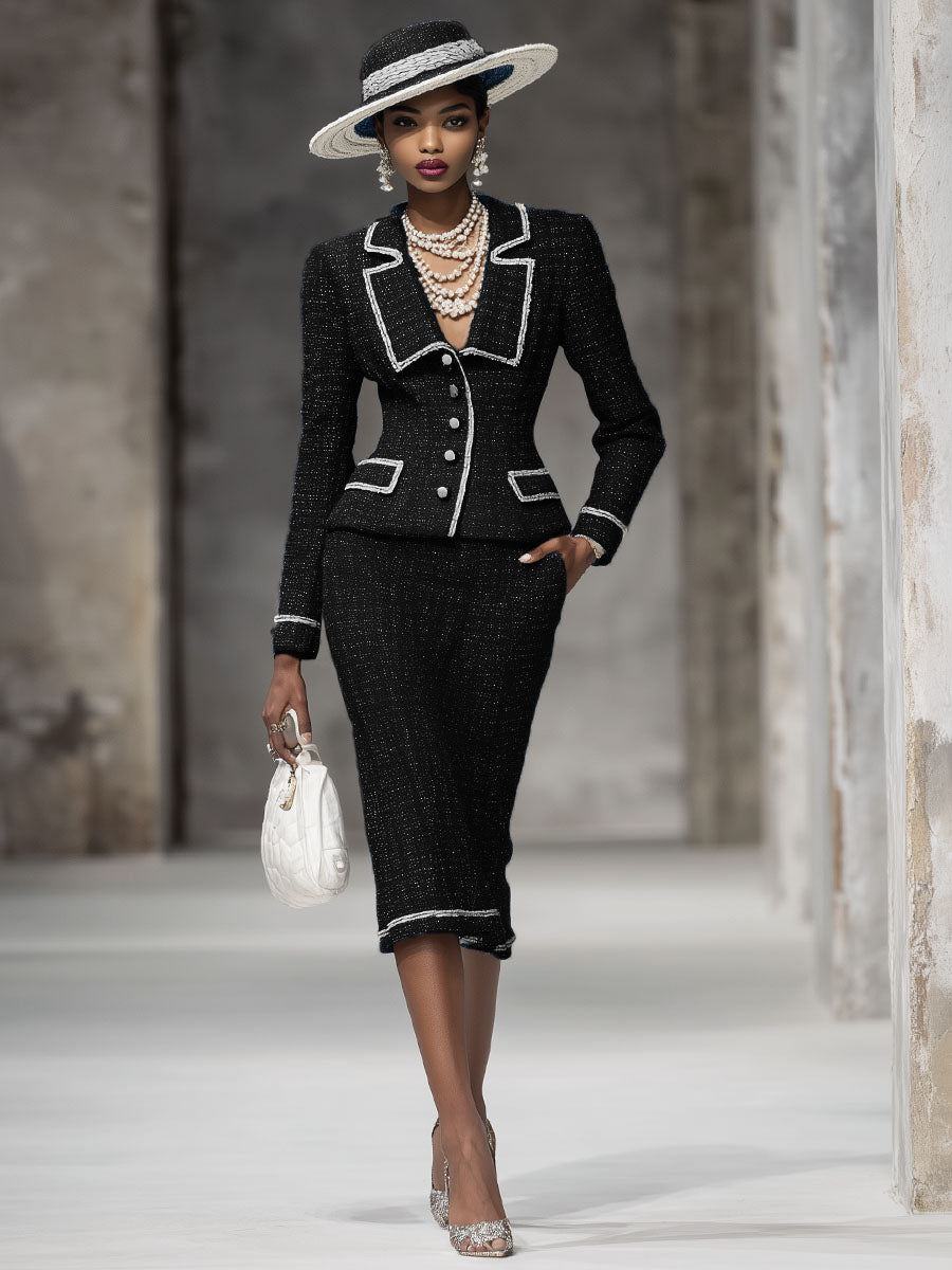 Ensemble Chic : Veste à Revers à Bouton Unique et Jupe en Tweed