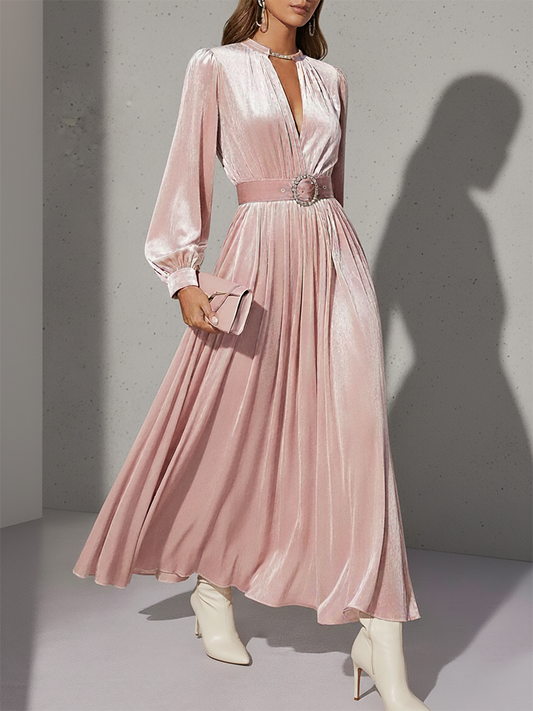 Robe Maxi en Velours Chic Rétro avec Col Ronde et Manches Longues