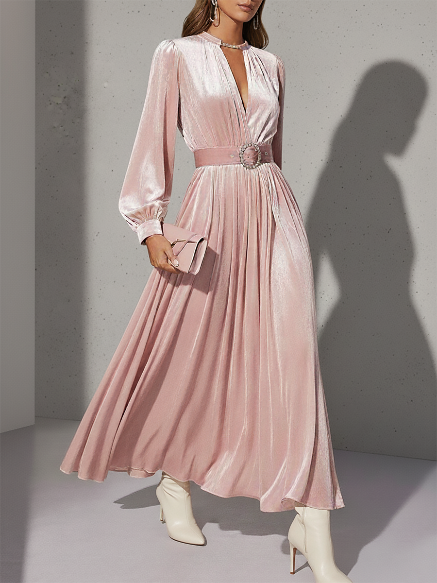 Robe Maxi en Velours Chic Rétro avec Col Rond et Manches Longues