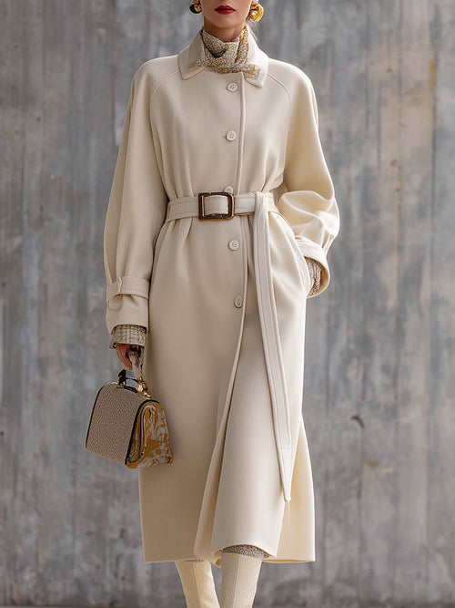 Élégant Manteau Long en Laine Écru à Boutonnage Unique