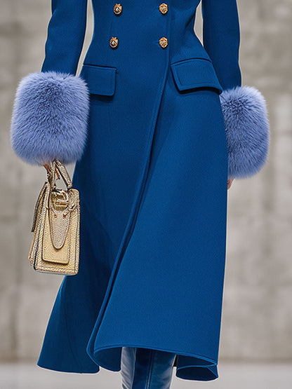 Chic Manteau en Laine Bleu avec Manches en Velours
