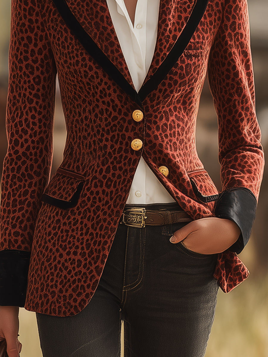 Veste en Velours Marron avec Imprimé Léopard au Style Western Rétro