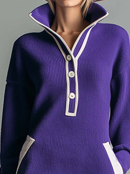Élégante Robe Midi Tricotée Violet à Col Montant et Boutons