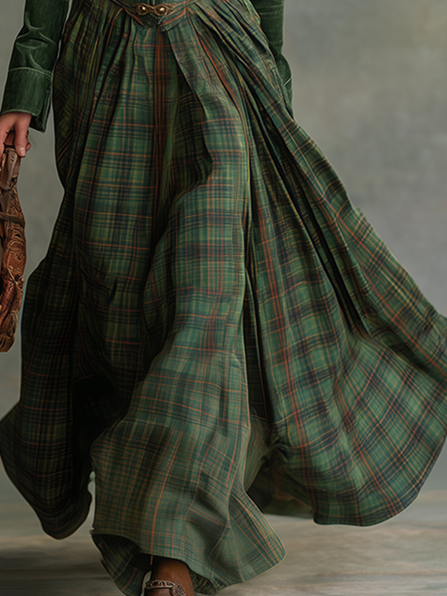 Robe Maxi en Suédine Verte Ethnique avec Col Plaid - Style Rétro