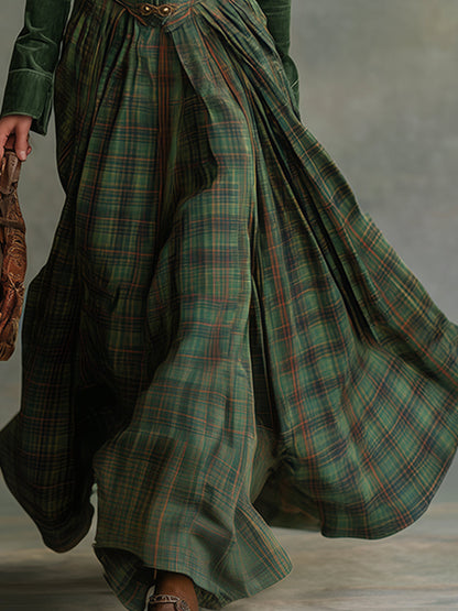 Robe Maxi en Suédine Verte Ethnique avec Col Plaid - Style Rétro