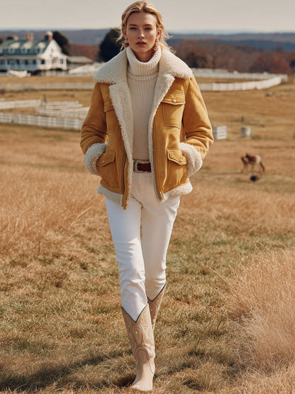 Veste Vintage Western en Suédine Jaune à Multi-Poches, Doublée en Polaire