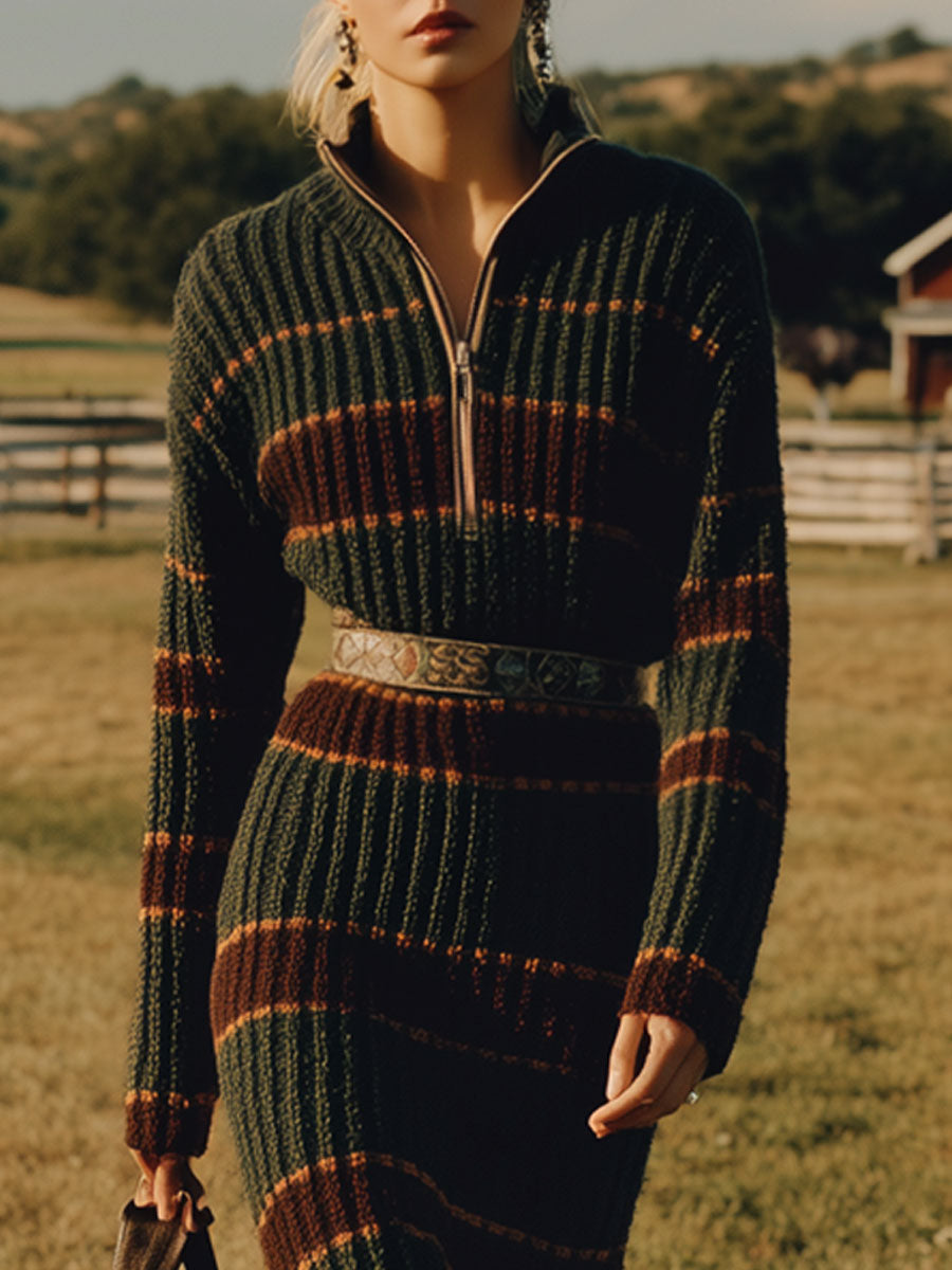 Robe Midi Retro à Rayures Vert Foncé avec Fente et Demi-Zip