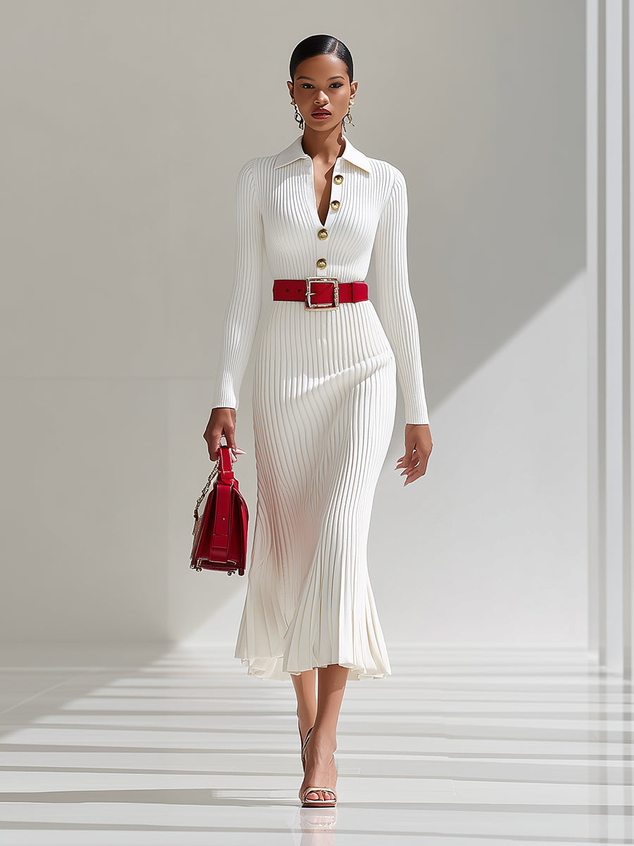 Maxi Robe en Laine Blanche avec Détails Boutonnés au Col