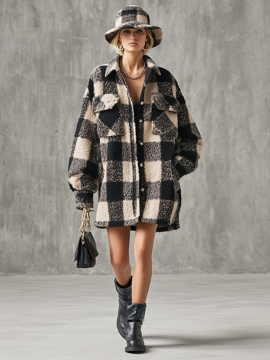 Chemise Veste Oversize à Carreaux pour un Style Décontracté en Automne et Hiver