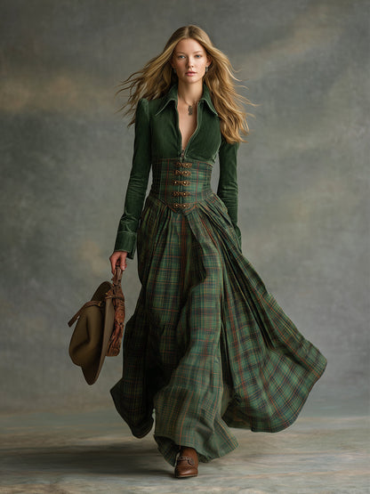 Robe Maxi en Suédine Verte Ethnique avec Col Plaid - Style Rétro