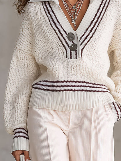Pull en tricot à col V avec boutons - Style décontracté