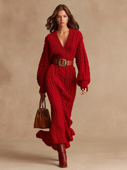 Robe Maxi Tricot à Col V Rétro avec Manches Longues - Élégance et Style