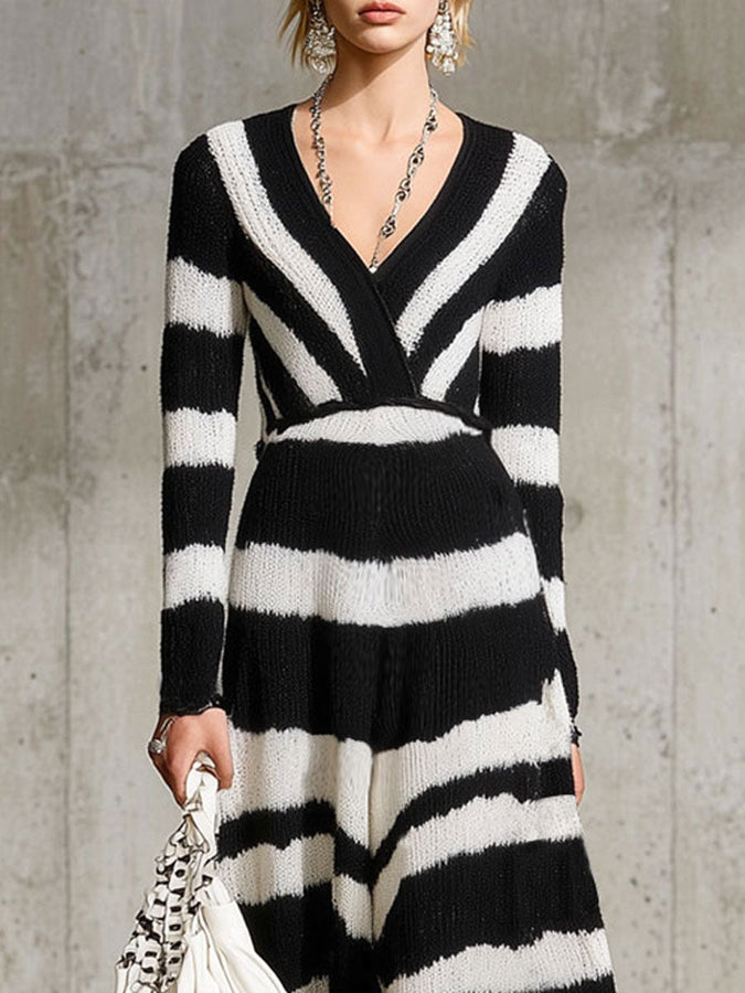 Robe Maxi Rétro à Rayures Noires et Blanches en Tricot