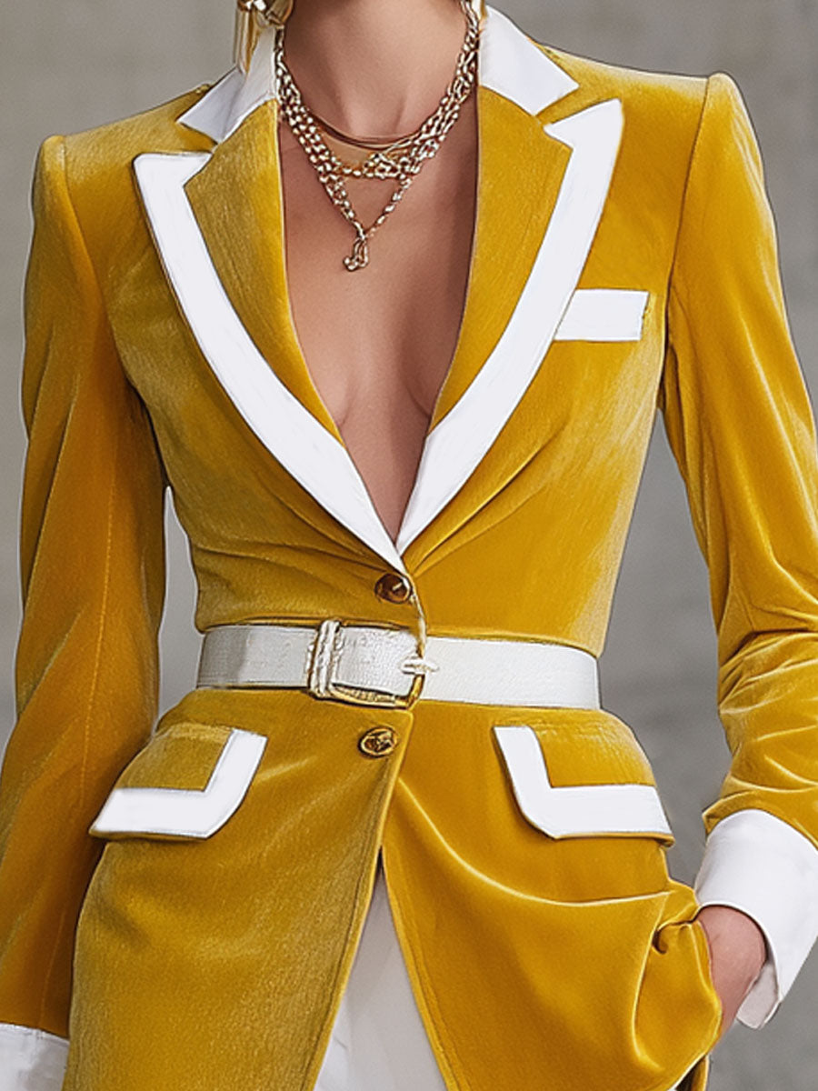 Blazer Chic en Velours Bicolore avec Col Distinctif et Ceinture