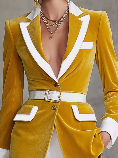 Blazer Chic en Velours Bicolore avec Col Distinctif et Ceinture