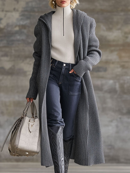 Cardigan Vintage à Capuche en Tricot Gris - Style Décontracté