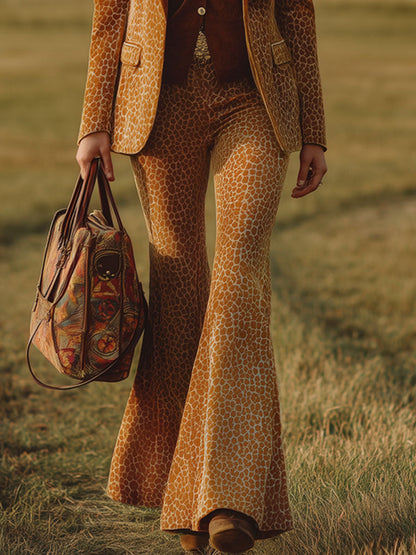 Veste en Velours Léopard Orange au Style Western Rétro avec Pantalons Évasés