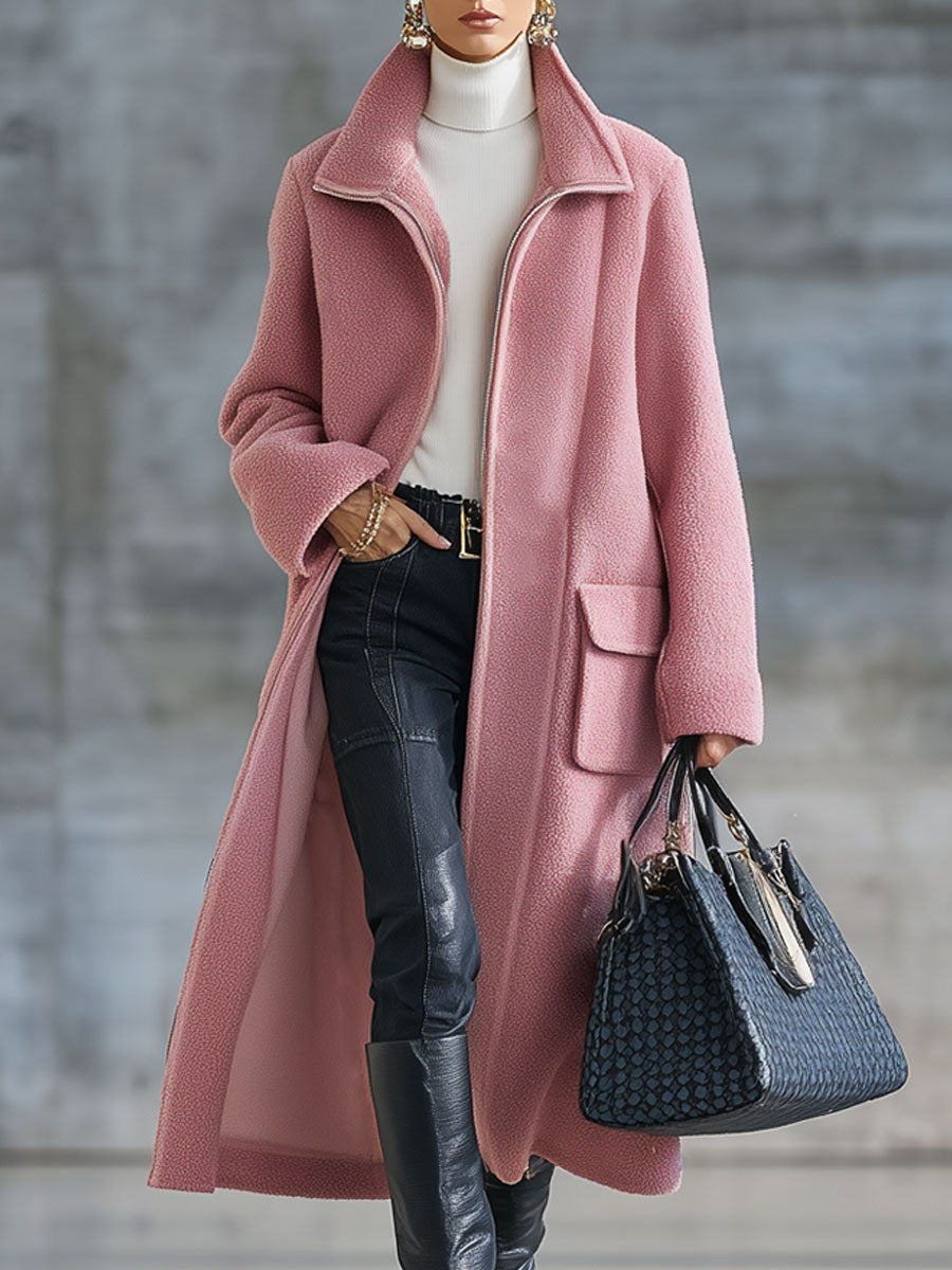 Veste Longue en Polaire Rose Rétro avec Zip – Style Décontracté