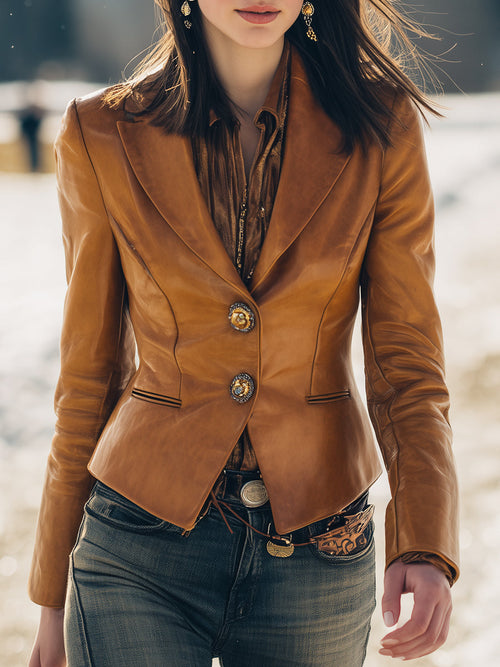Blazer Marron en Similicuir à Boutons - Style Western