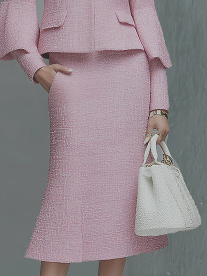 Ensemble Chic en Tweed : Veste à Manches Trompette et Jupe Élégante avec Nœud