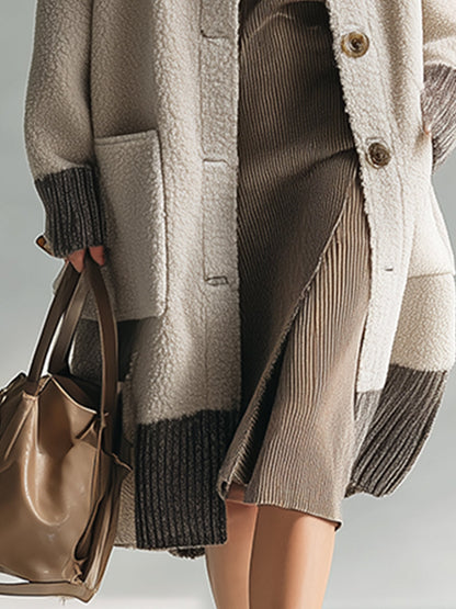 Veste Polaire Beige au Bord Contrasté - Style Rétro Décontracté