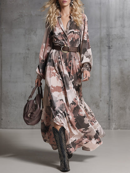 Robe Maxi en Velours Camouflage Rose - Élégance Western Rétro