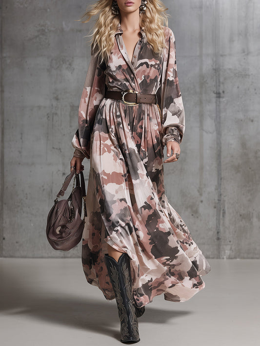 Robe Maxi en Velours Camouflage Rose - Élégance Western Rétro