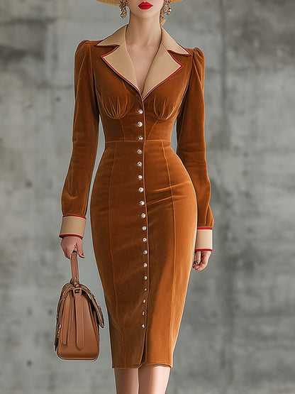 Exquisite Brown Caramel Velvet Midi Dress with Faux Leather Accents