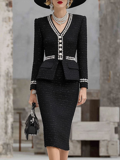 Chic Ensemble en Tweed Noir : Haut et Jupe Élégante