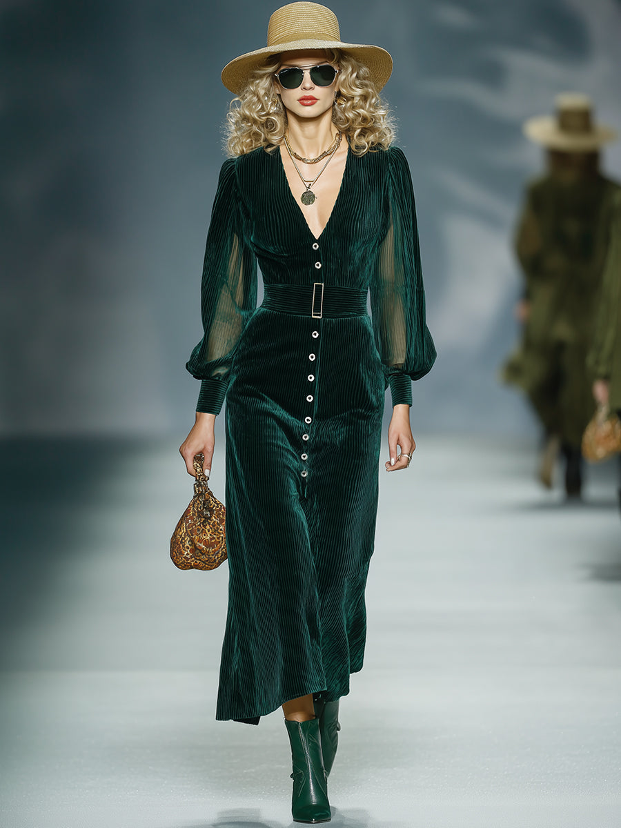 Robe Midi en Velours Côtelé Vert Foncé - Élégance Rétro Luxe