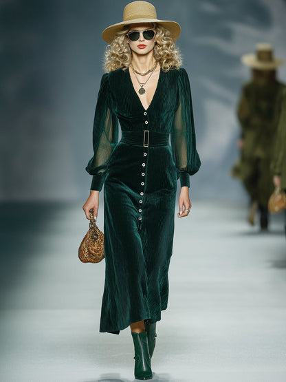 Robe Midi en Velours Côtelé Vert Foncé - Élégance Rétro Luxe