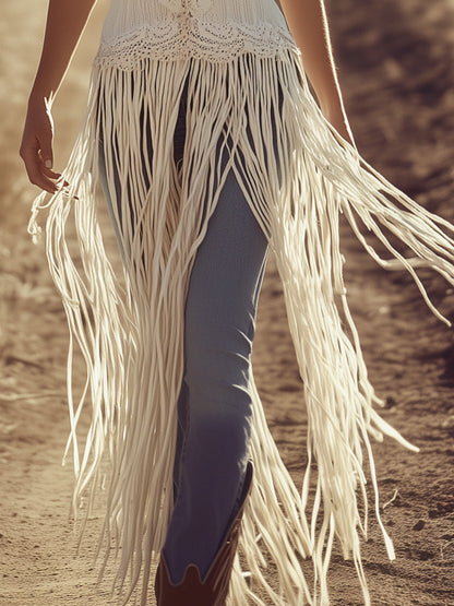 Expédition en 24 heures : Haut mi-long en tissu texturé avec bretelles spaghetti et franges vintage romantiques