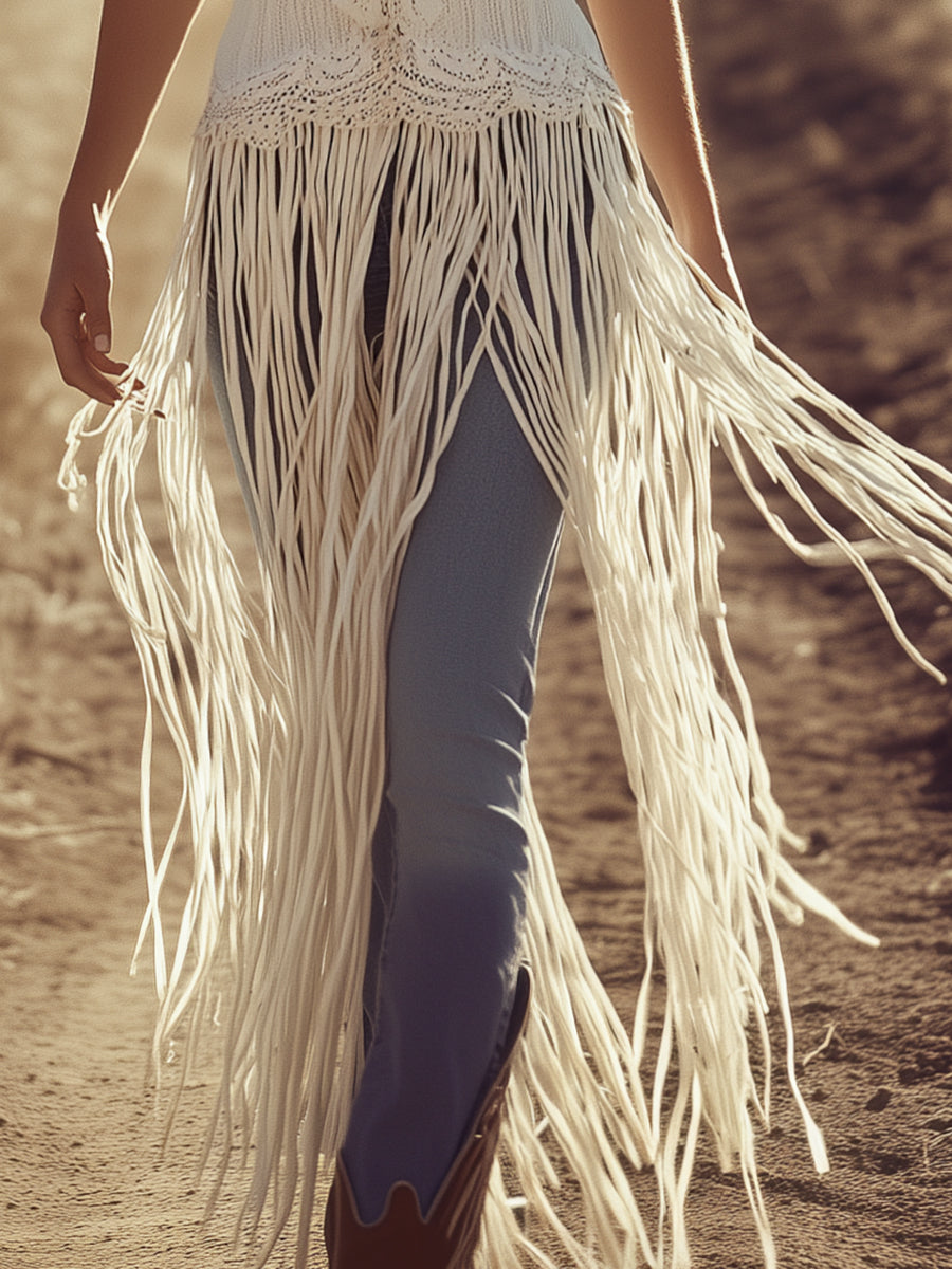 Expédition rapide en 24 heures : Haut mi-long à bretelles spaghetti en tissu texturé avec franges romantiques