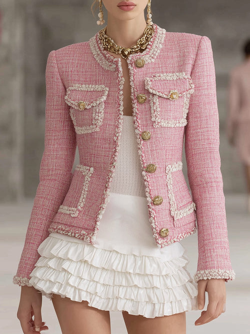 Veste en Tweed Rose Chic avec Détails Blancs