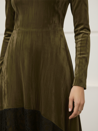 Robe Vintage en Velours Élégante avec Col Montant, Manches Longues et Ourlet en Dentelle