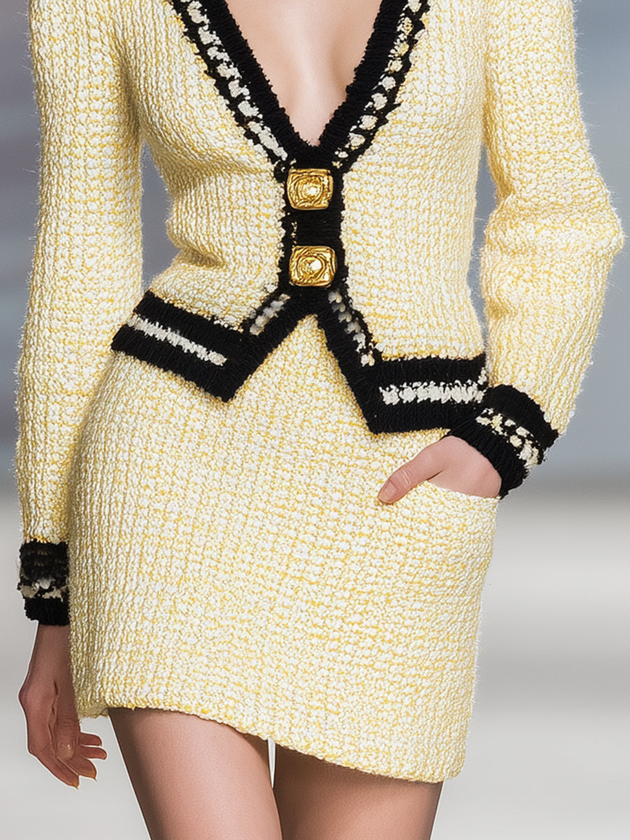 Élégant Cardigan Jaune Clair à Col V avec Détails Noir Tendance